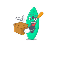 A smiling canoe cartoon mascot style having a box