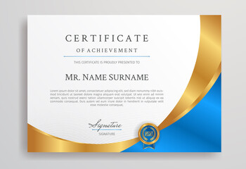 Diploma certificate with blue and gold border template