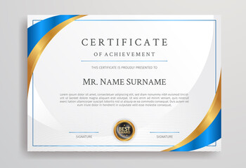 Diploma certificate with blue and gold border template