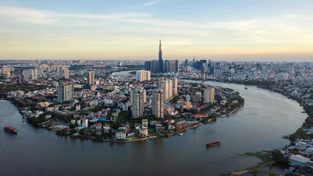 Aerial hyper lapse Thao Dien ward in District 2 and Vinhomes Landmark 81 in the morning
