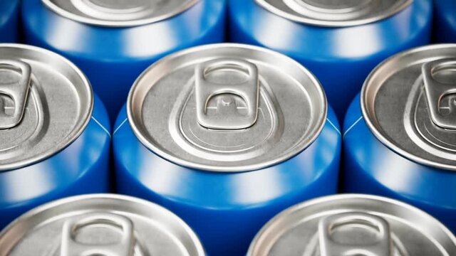 Blue soda cans with silver pull-tab lids in a repeating close-up