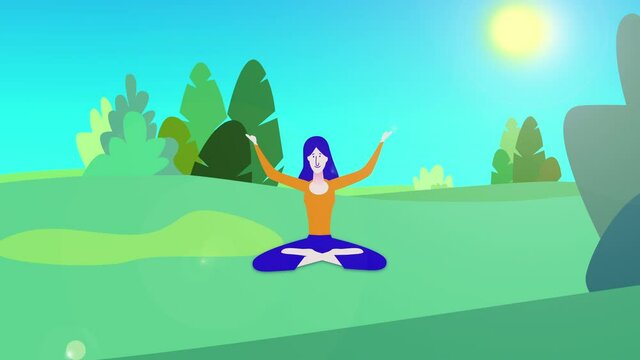 Yoga animation, Young Woman doing Yoga, Calm and cool environment. Healthy Active Lifestyle. with Visual Effects. The girl meditates, Motion design, Motion Graphics, Illustrative style