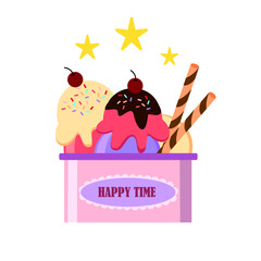 ice cream cup with cherry and wafer, happy time