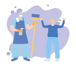 thank you essential workers, cleaner charatcer with boy, coronavirus covid 19 disease