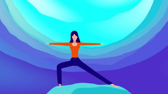 Yoga animation, Young Woman doing Yoga, Calm and cool environment. Healthy Active Lifestyle. with Visual Effects. The girl meditates, Motion design, Motion Graphics, Illustrative style