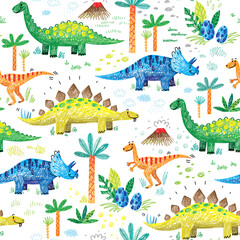seamless pattern with cute dinosaurs hand drawn doodle kids