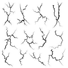 hand drawn cracked glass, wall, ground. lightning storm effect. doodle break set. vector illustration