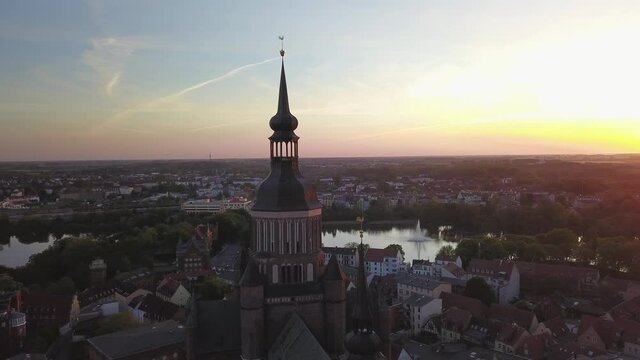 European Gothic church filmed during the sunset with drone.