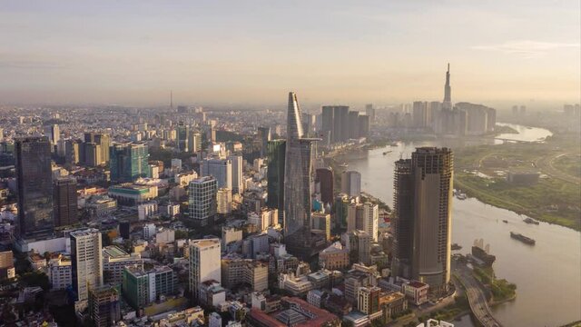 Aerial Hyper lapse Ho Chi MInh City in the early morning
