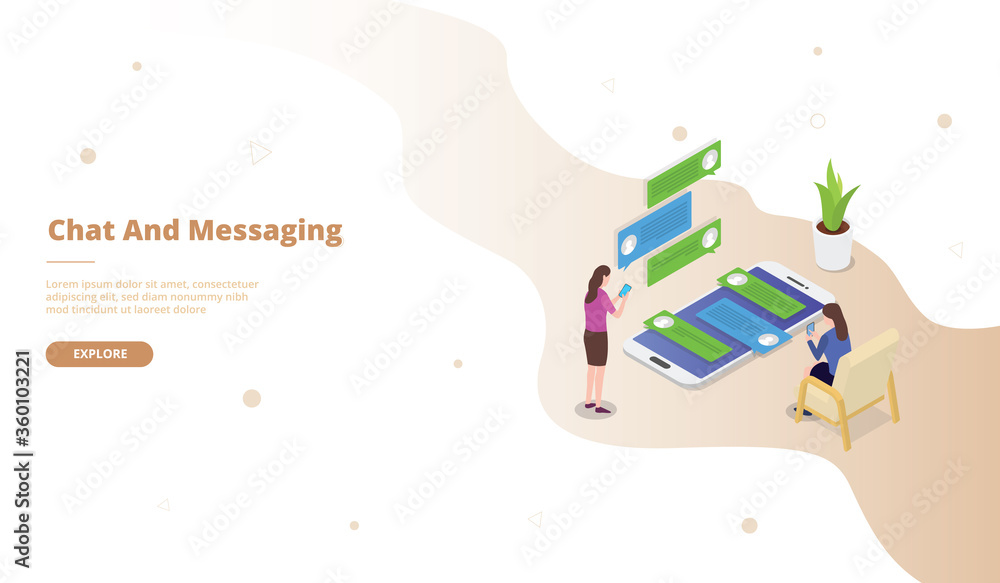 Poster chat and messaging campaign for web website template page landing home homepage with isometric isome