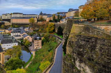 Fototapeta na wymiar Aerial view of the old town of Luxembourg, UNESCO World Heritage Site, with its ancient wall