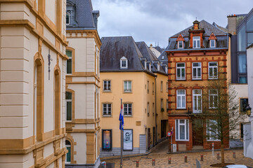 Cobblestone pavement by Mansfeld Building, Ministry of Foreign and European Affairs with other old buildings, Luxembourg