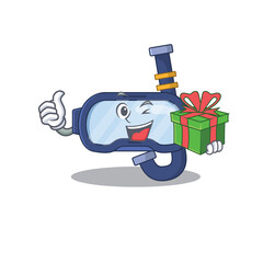 Dive glasses cartoon character concept with a big gift box