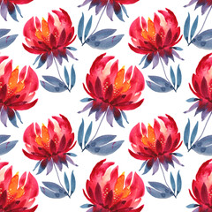 Seamless pattern watercolor hand-drawn red and orange flower chrysanthemum with blue leaves. Art creative nature background for card, wallpaper, textile, wrapping, florist