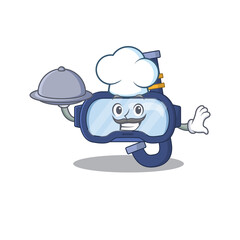 mascot character style of dive glasses chef serving dinner on tray
