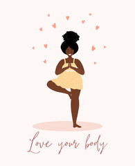 Love yourself. Love your body concept. Take time for your self. Calm african woman in dress with hearts on white background. Pastel cute soft colors. Vector illustration. Flat style.