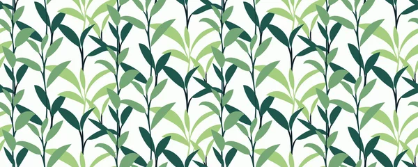 Behang Thee Groene bladeren naadloze patroon. Silhouetten van thee takjes achtergrond. Botanische print, perfect voor stof, verpakkingspapier, behang, modevormgeving, interieur, wrap... Vectorillustratie.