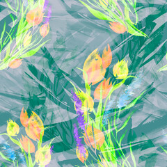 Watercolor background with floral pattern, splash of abstract paint, fashionable art background, shawl. poppy, lavender, branch, tulip, cornflower, field or garden flowers. Fashion Art. Abstract 