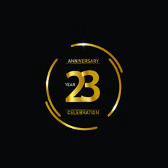 23 year anniversary celebration logotype. anniversary logo with circle golden and Spark light white color isolated on black background - vector