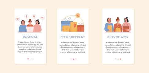 Set of screens for mobile online shopping app. Concept of e-commerce store. Discount label with shopping bags and gifts, a woman choosing items to buy, happy customers receiving their things. Vector. 