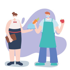 thank you essential workers, waitress and farmer characters, wearing face masks, coronavirus covid 19 disease