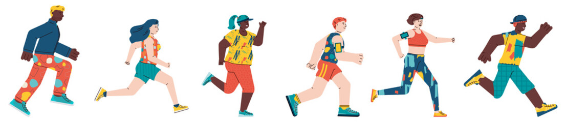 Cartoon people jogging - running men and women set in exercise gear isolated on white background. Young runners from side view, vector illustration.