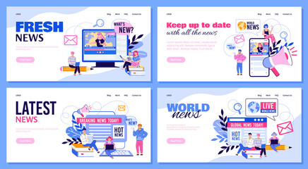 News website banner template set - vector illustration of people reading fresh world news online on internet on gadget screens. Newspaper press network posters.