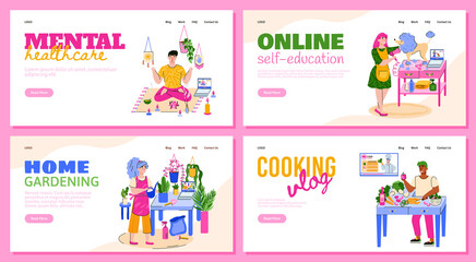 Vector templates for landing pages for people on weekends or in quarantine. Home education, yoga, cooking, pet care, planting. Stay at home and pursue your hobby. A set of flat colorful illustrations