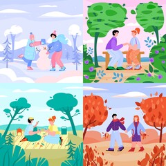 Set of cards or banner with couple in love enjoying outdoor activity in four year seasons, cartoon vector illustration. People in seasonal changing nature landscape.