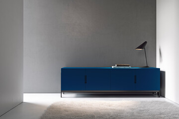 Minimalism interior with gray wall, blue dresser and decor. 3d render illustration mock up.