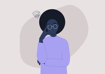 Young annoyed black female character, sceptical face expression