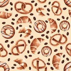 Seamless pattern, pretzel on a light background. Baking is hand-drawn in a watercolor style.