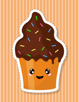 Cupcake with a kawaii face. Cake, muffin, covered with chocolate icing. Vector illustration.