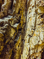 Natural background. Closeup edged shabby cliff cracks. Gray-brown stone rock texture of mountains....