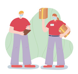 thank you essential workers, delivery man and woman with boxes, face masks, coronavirus covid 19 disease