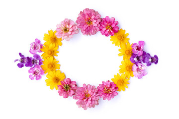 Circle of fresh flowers on white background. Top view, copy space for text. Flat lay.