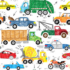 cool transport doodle hand drawn seamless pattern with police car, garbage truck, sport car, safari, taxi