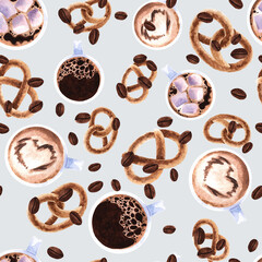 Seamless pattern with coffee mugs and pretzels. Watercolor seamless texture for print, textile, design, decor.