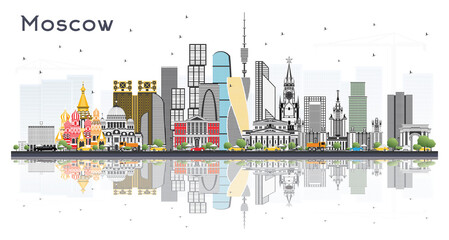Moscow Russia City Skyline with Color Buildings Isolated on White.