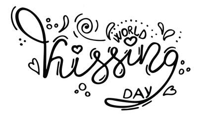 World Kissing Day phrase with doodle sketches. Hearts, dots and drops on an white background.