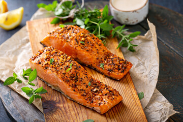 Cedar plank grilled or roasted salmon with herbs, garlic and spices