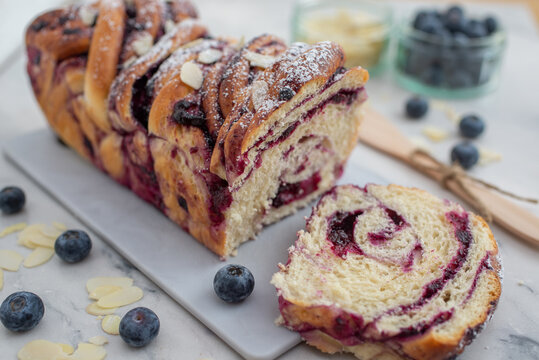 sweet home made blueberry brioche babka on a table