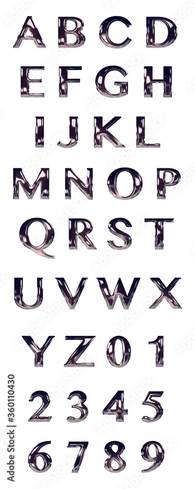 Fototapete all numeric and alphabet letter in realistic 3d chrome effect