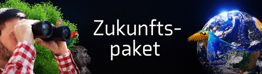 Zukunftspaket. Mann beobachtet Erde mit Fernglas. Baum und Tiere im Hintergrund. Weißer Text....