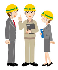 現場作業員から話を聞くヘルメットをかぶったスーツ姿の男女/白背景