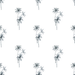 Fototapeta na wymiar Watercolor seamless pattern with tropical palm trees. Coconut palm. Gently black and white background with wildlife jungle elements. Aesthetic vintage wallpaper, wrapping