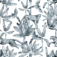 Watercolor seamless pattern with tropical palm trees and cheetah. Banana palm, leopard, parrot, toucan. Gently silver background with wildlife jungle elements. Aesthetic vintage wallpaper, wrapping - 360112473