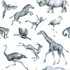 Watercolor seamless pattern with wild tropical animals. Giraffe, rhino, ostrich, zebra, flamingo, parrot, monkey, antelope. Background with jungle animal for textile, wrapping, covers, decoration.