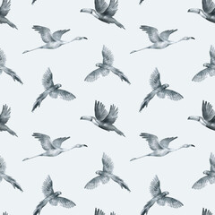 Obraz premium Watercolor seamless pattern with wild tropical birds. Parrot, toucan, flamingo, ostrich. Background with jungle animal for textile, wrapping, covers, decoration.