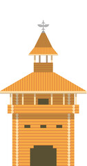 Fortress made of wood isolated on a white background. Old tower in Siberia, historical place of Russia. Flat infographics. Vector illustration.